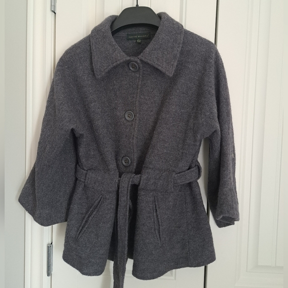 HARVE BENARD 100% wool jacket sweater 3/4 sleeves grey button belted SZ LG - Picture 1 of 7